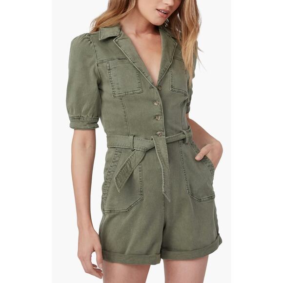 PAIGE Mayslie Twill Puff Sleeve Denim Romper Olive Green Utility NEW Size 4 - Picture 1 of 15
